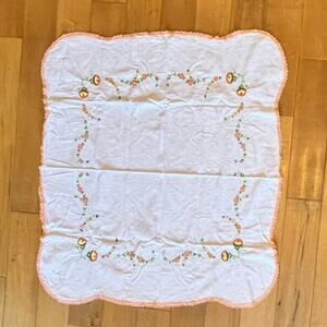 Vintage Hand Embroidered Floral Tablecloth 35x39.5 White Cotton Lace Edge Flower